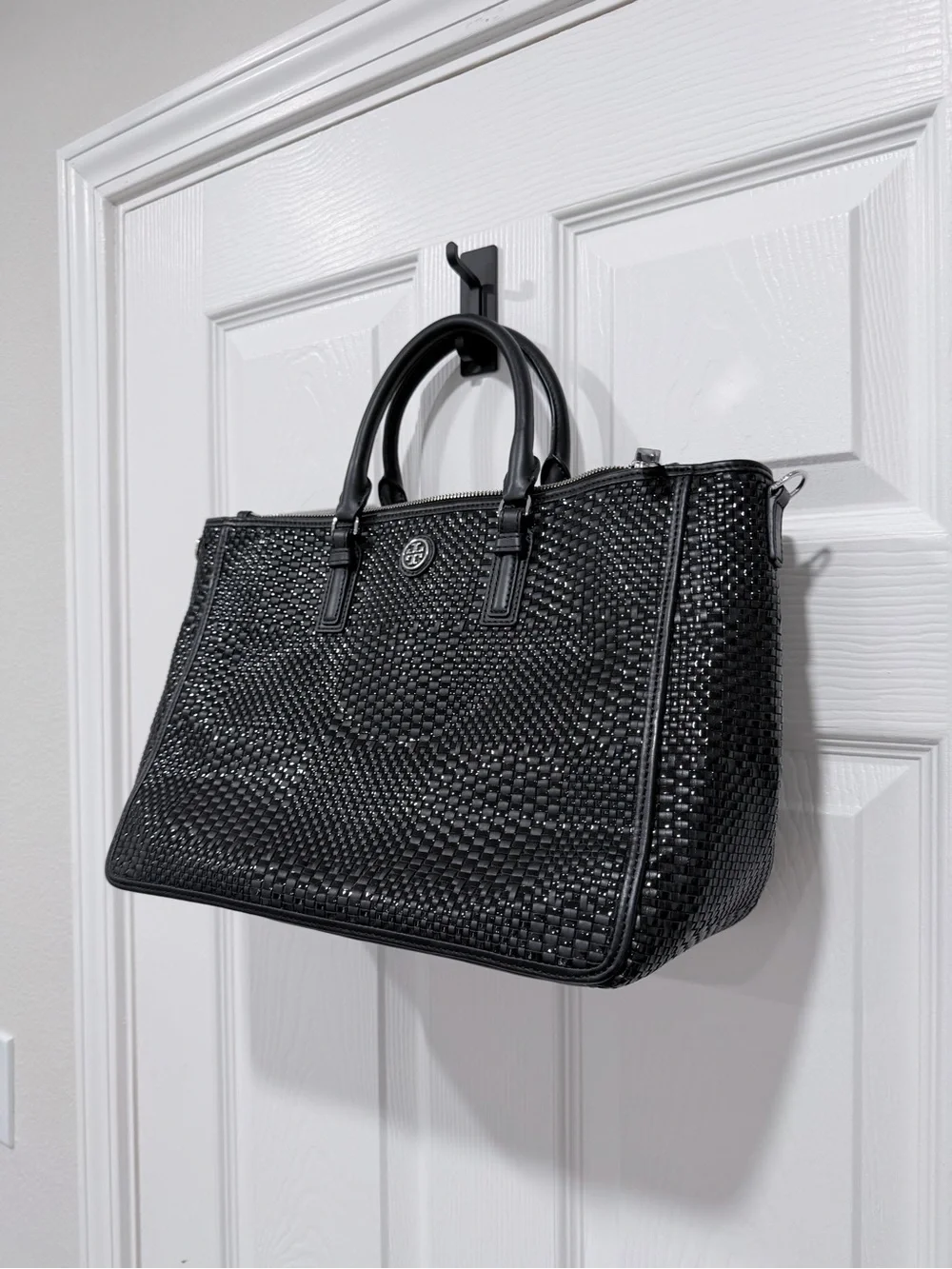 Tory Burch Robinson Black Woven Leather Top-Handle Satchel
